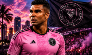 Casemiro in Inter Miami kit with flag,fans and skyline in the background