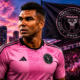 Casemiro in Inter Miami kit with flag,fans and skyline in the background