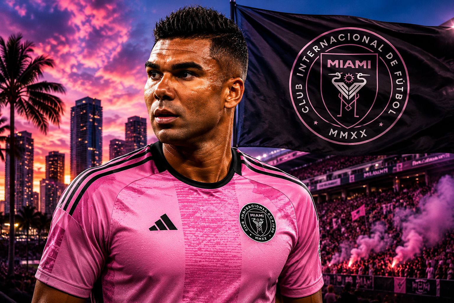 Casemiro in Inter Miami kit with flag,fans and skyline in the background