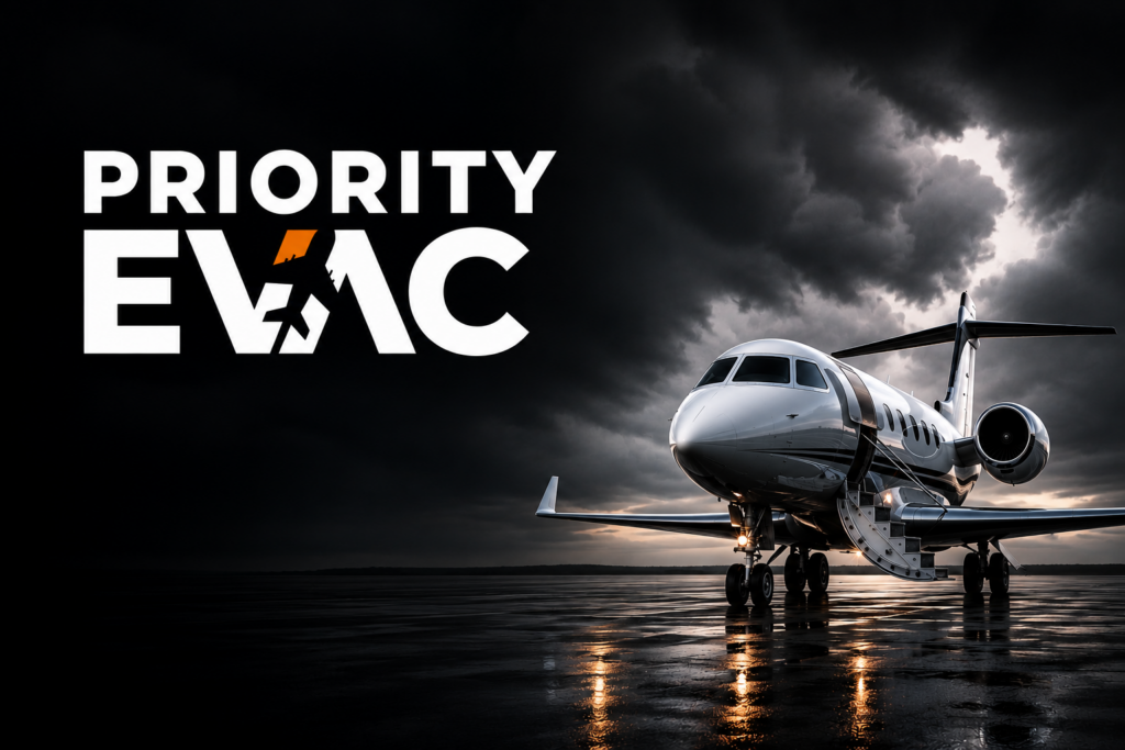 PriorityEvac logo with a private jet and a hurricane behind.