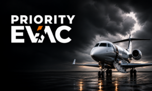 PriorityEvac logo with a private jet and a hurricane behind.