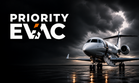 PriorityEvac logo with a private jet and a hurricane behind.