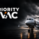 PriorityEvac logo with a private jet and a hurricane behind.